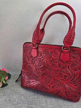 Red Shazel Hand Tooled Leather Floral Handbag Made In Mexico Claudia De La Cruz